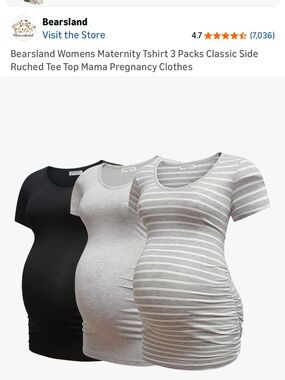 Bearsland Women's Maternity Tee 3-Pack in Black, Light Gray & Gray Stripe